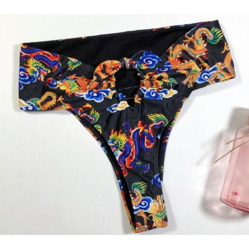 NWOT SHEIN Black Dragon Print Off-Shoulder Ring Detail High Waisted Bikini Set - Picture 7 of 13